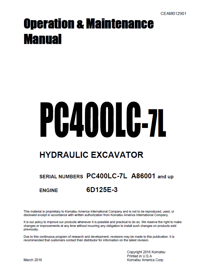 Komatsu PC400LC-7L Hydraulic Excavator Operation and Maintenance Manual CEAM012901 PDF