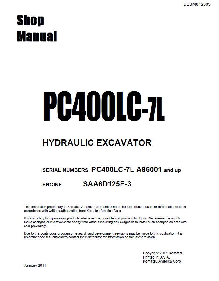 Komatsu PC400LC-7L Hydraulic Excavator Shop Manual CEBM012503