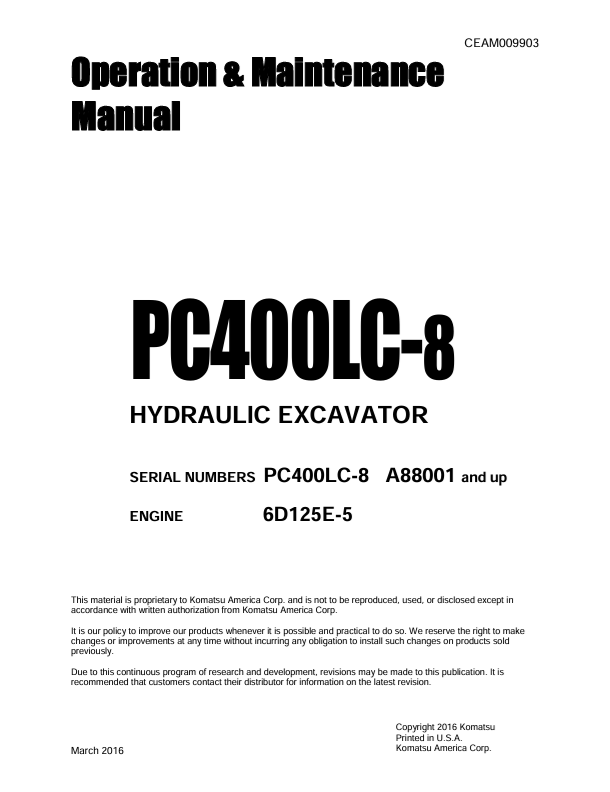Komatsu PC400LC-8 Hydraulic Excavator Operation & Maintenance Manual PDF
