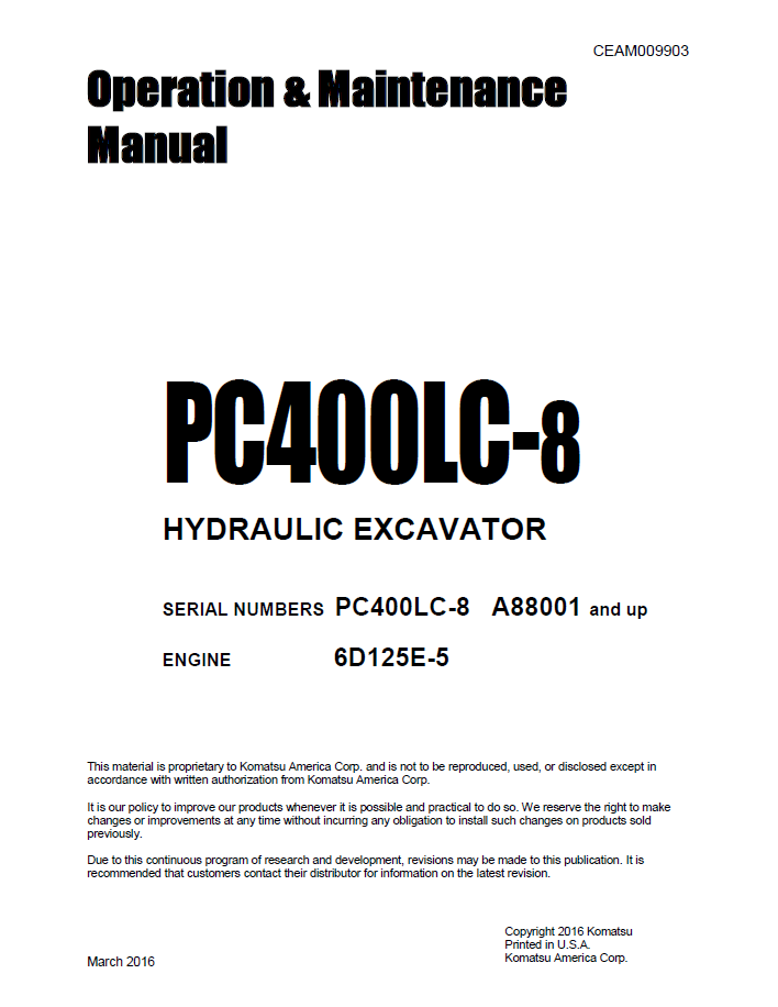 Komatsu PC400LC-8 Hydraulic Excavator Operation and Maintenance Manual CEAM009903 PDF