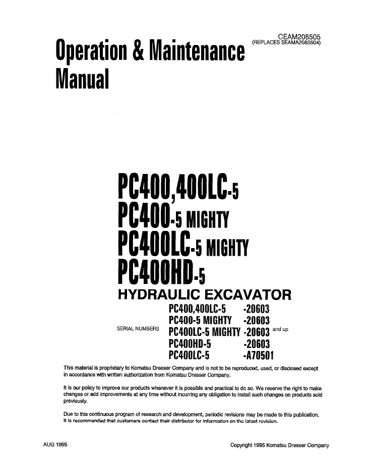 Komatsu PC400 Series Excavator Operation Manual CEAM208505 PDF