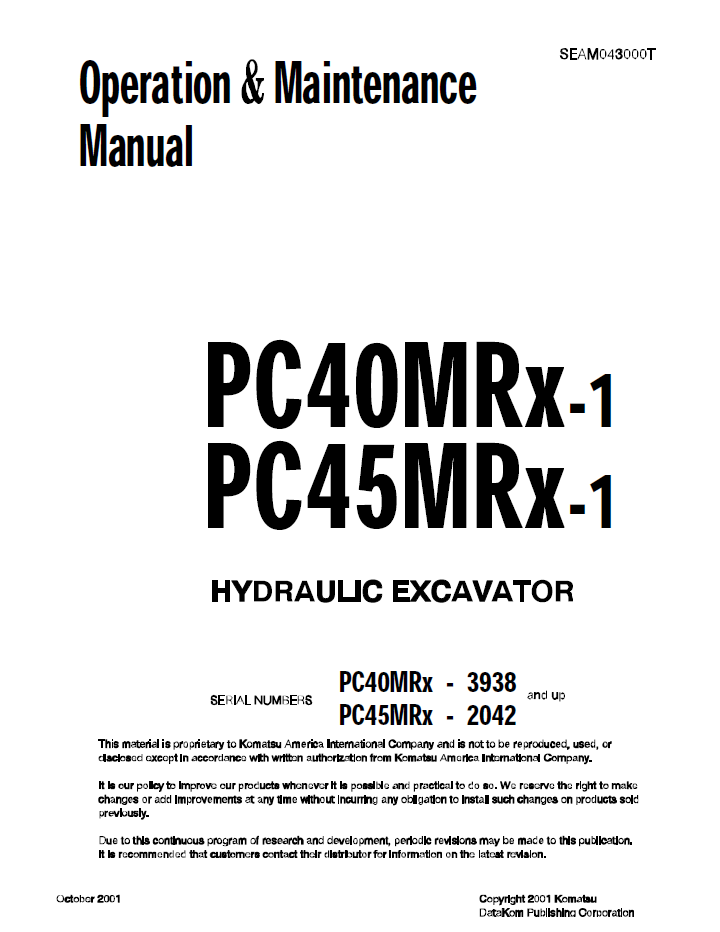 Komatsu PC40MRX-1 PC45MRX-1 Hydraulic Excavator Operation & Maintenance Manual SEAD043000