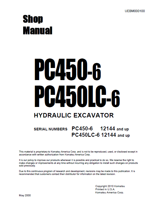 Komatsu PC450-6 & PC450LC-6 Hydraulic Excavator Service & Repair Shop Manual PDF