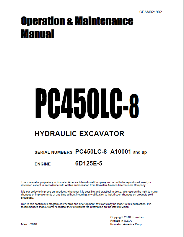 Komatsu PC450LC-8 Excavator Operation Manual CEAM021902 PDF