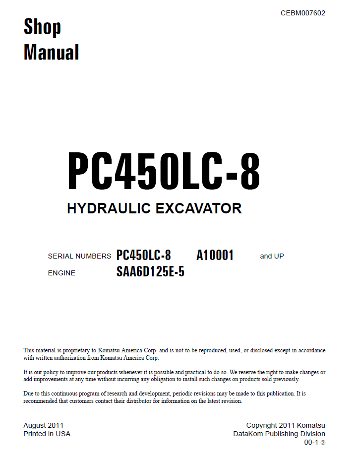 Komatsu PC450LC-8 Repair Manual CEBM007602 PDF