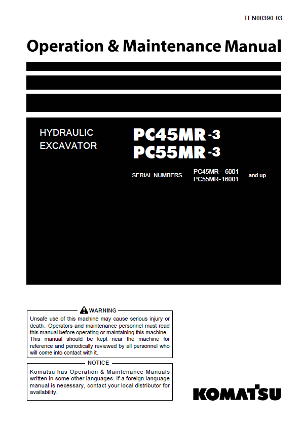 Komatsu PC45MR-3 & PC55MR-3 Excavator Operation & Maintenance Manual PDF