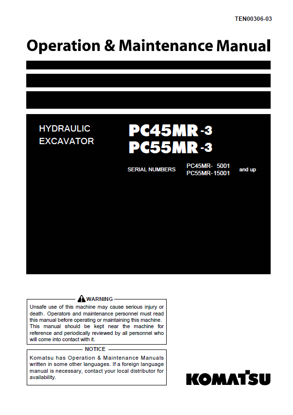 Komatsu PC45MR-3, PC55MR-3 Excavator Operation & Maintenance Manual PDF