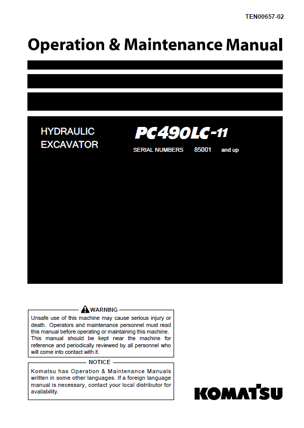 Komatsu PC490LC-11 Hydraulic Excavator Operation & Maintenance Manual PDF