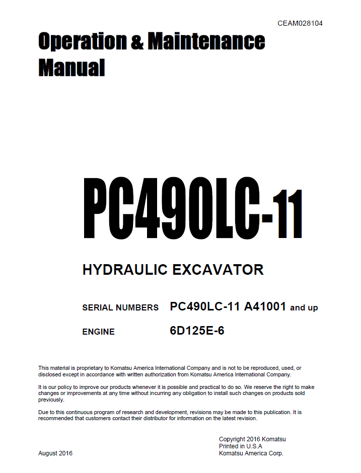 Komatsu PC490LC-11 Operation Manual CEAM028104 PDF