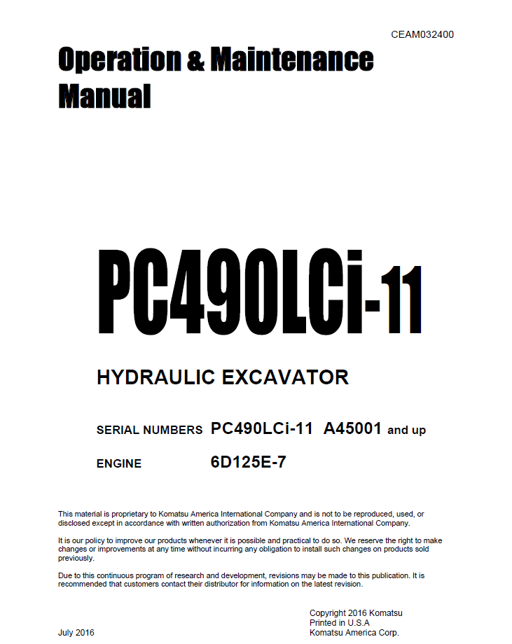 Komatsu PC490LCi-11 Excavator Operation Manual CEAM032400 PDF