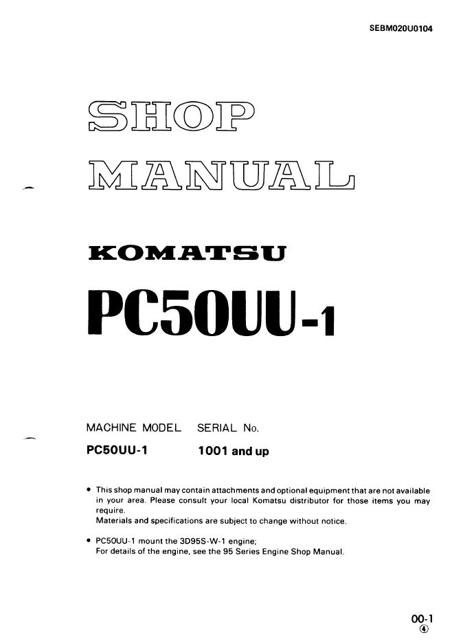 Komatsu PC50UU-1 Hydraulic Excavator Shop Manual SEBM020U0104