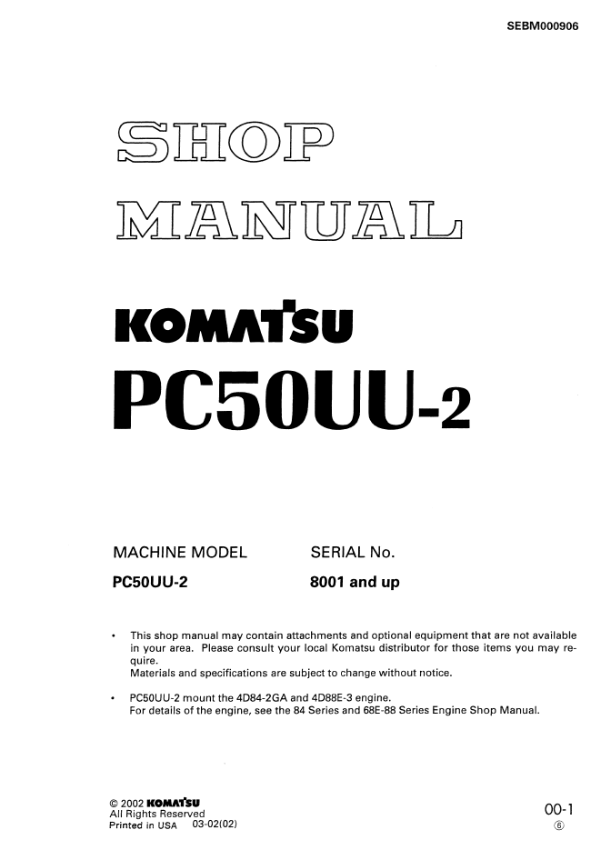 Komatsu PC50UU-2 Hydraulic Excavator Shop Manual SEBM000906