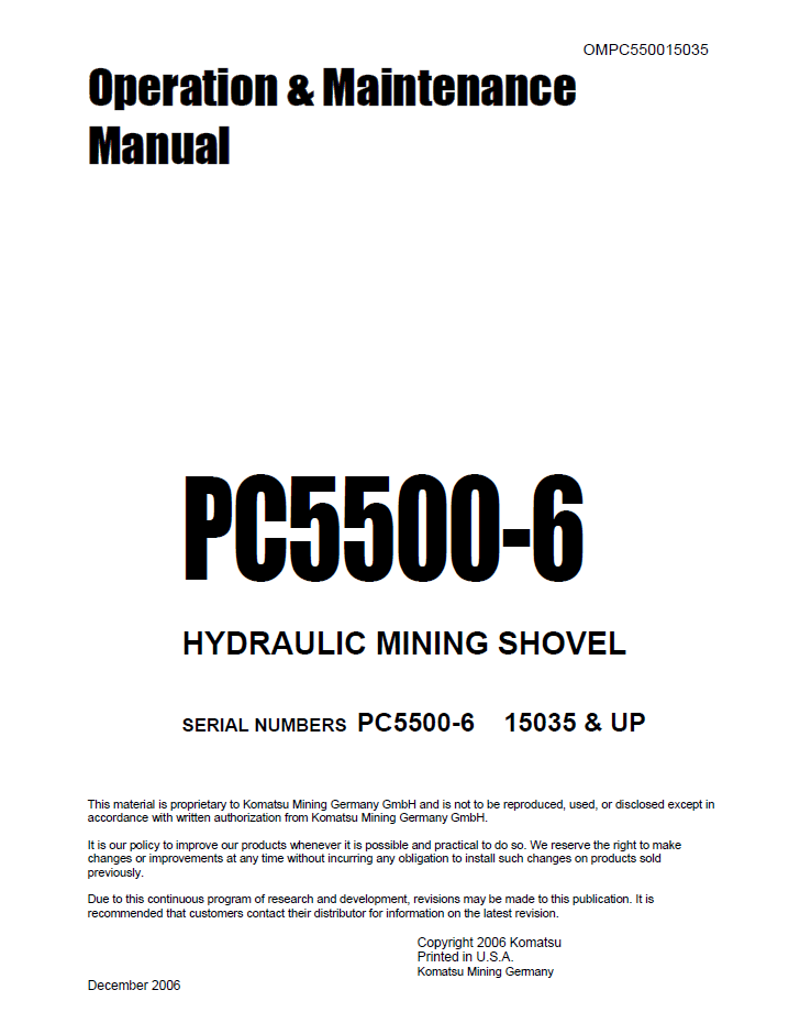 Komatsu PC5500-6 Hydraulic Mining Shovel Operation & Maintenance Manual (OMPC550015035D)