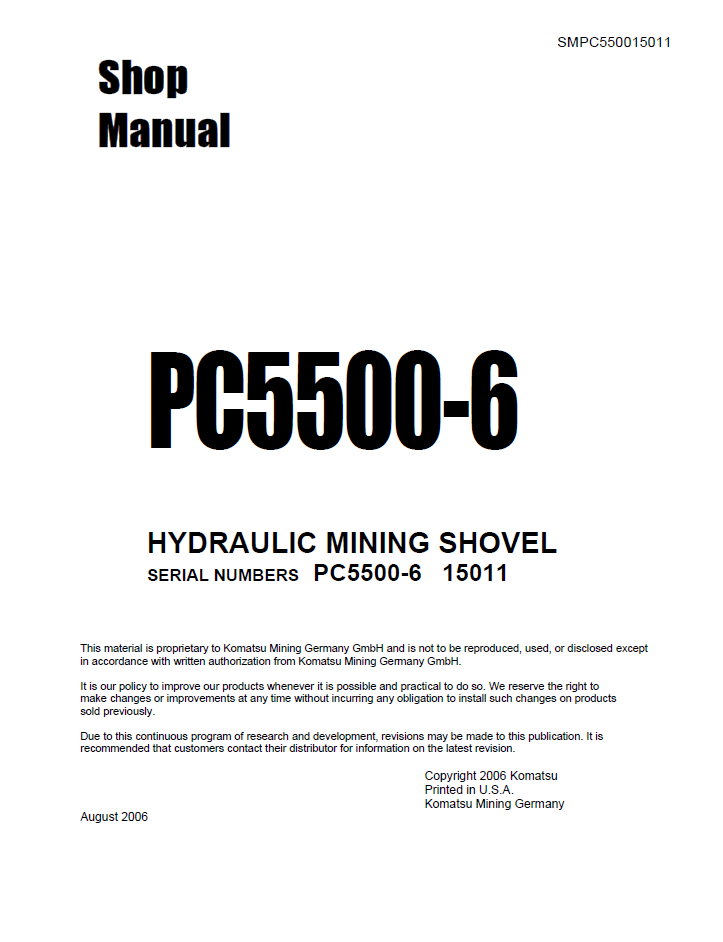 Komatsu PC5500-6 Hydraulic Mining Shovel Shop Manual SMPC550015011D