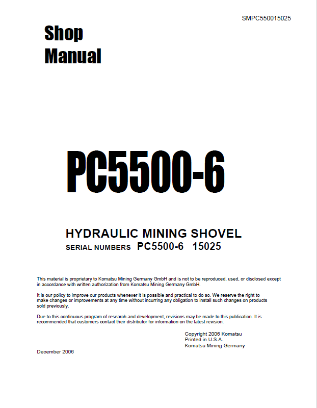 Komatsu PC5500-6 Hydraulic Mining Shovel Shop Manual SMPC550015025D