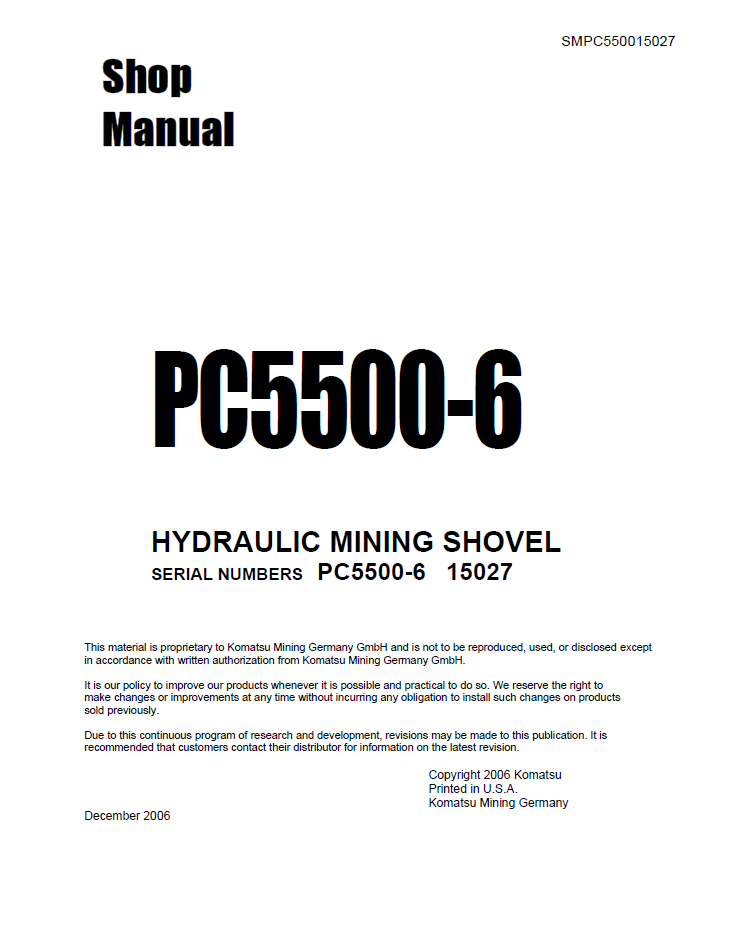 Komatsu PC5500-6 Hydraulic Mining Shovel Shop Manual SMPC550015027D