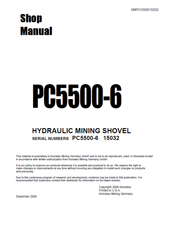 Komatsu PC5500-6 Hydraulic Mining Shovel Shop Manual SMPC550015032