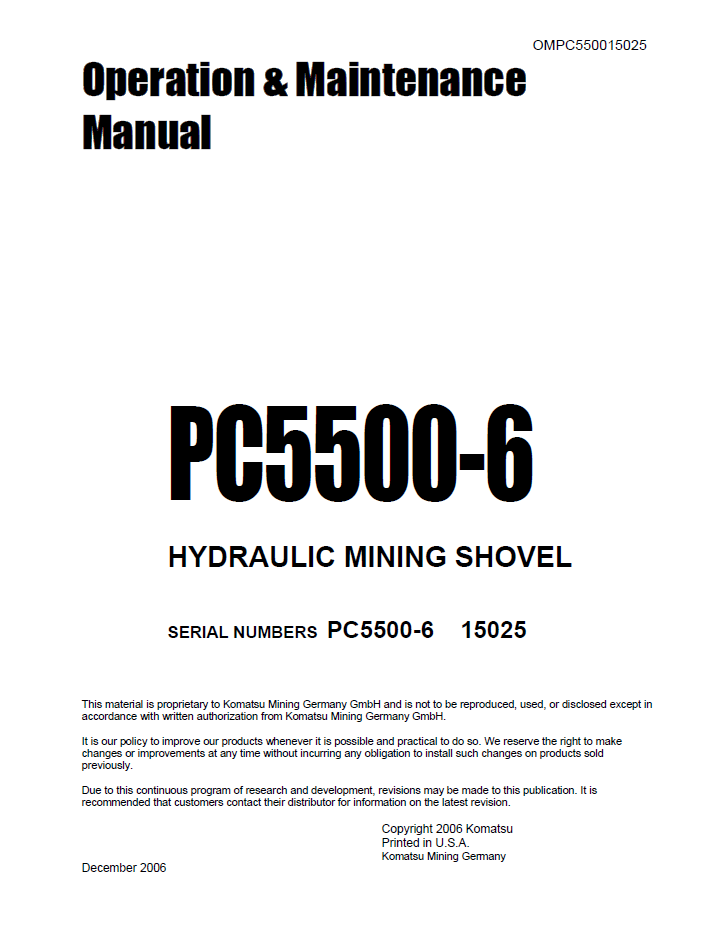 Komatsu PC5500-6 Mining Shovel Operation & Maintenance Manual (OMPC550015025D) | PDF Download