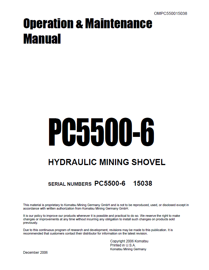 Komatsu PC5500-6 Mining Shovel Operation & Maintenance Manual (OMPC550015038D) | PDF Download