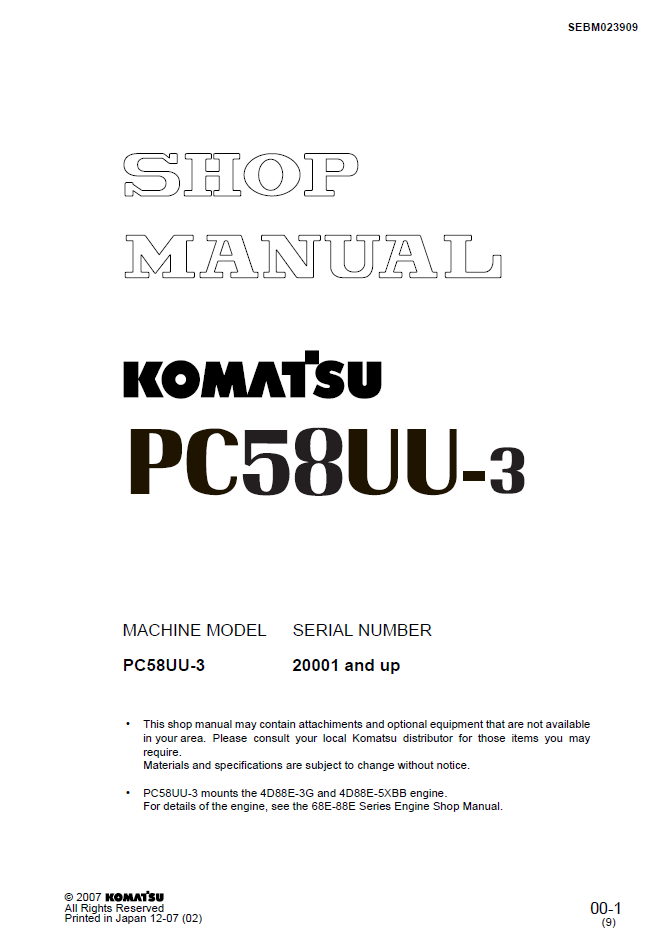 Komatsu PC58UU-3 Engine Shop Manual SEBM023909 PDF Download
