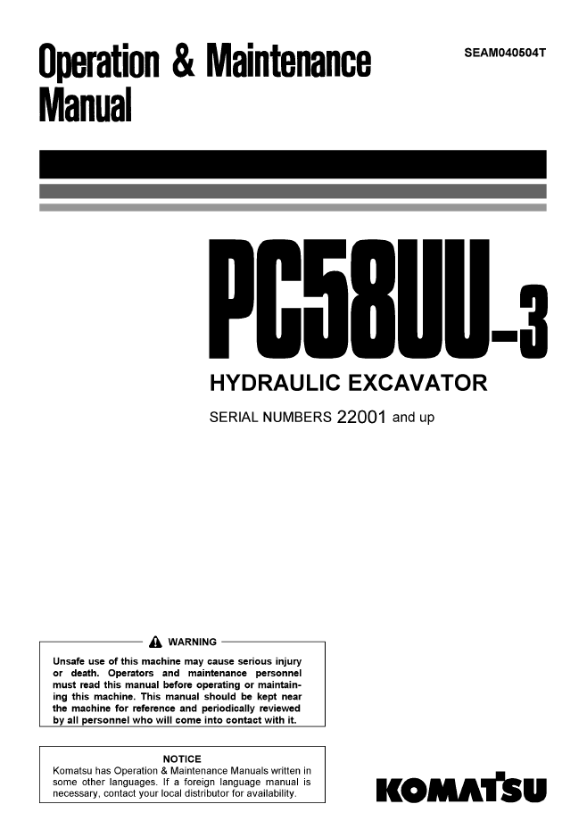 Komatsu PC58UU-3 Hydraulic Excavator Operation & Maintenance Manual (SEAM040504T)