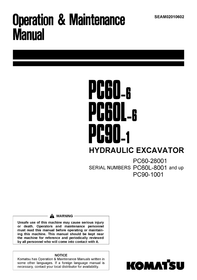 Komatsu PC60-6 PC60L-6 PC90-1 Manual SEAM02010602 PDF