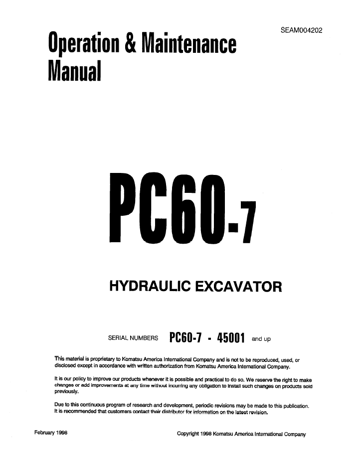 Komatsu PC60-7 Hydraulic Excavator Operation & Maintenance Manual SEAD004202