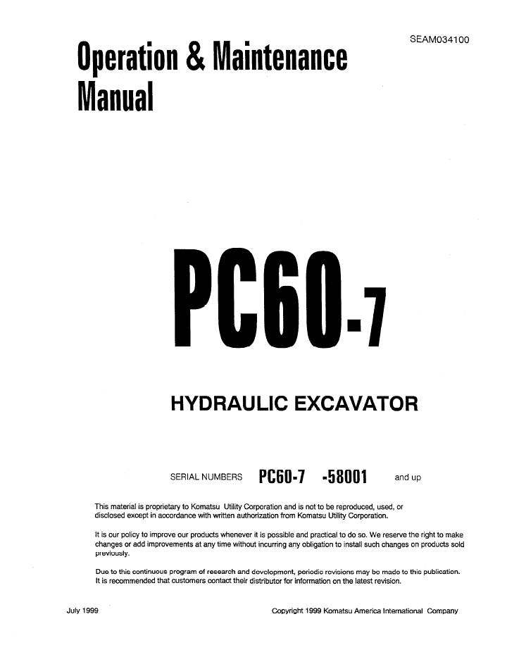 Komatsu PC60-7 Hydraulic Excavator Operation & Maintenance Manual SEAD034100