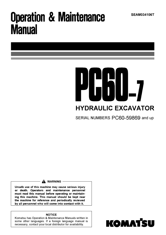 Komatsu PC60-7 Hydraulic Excavator Operation & Maintenance Manual (SEAM034106T)