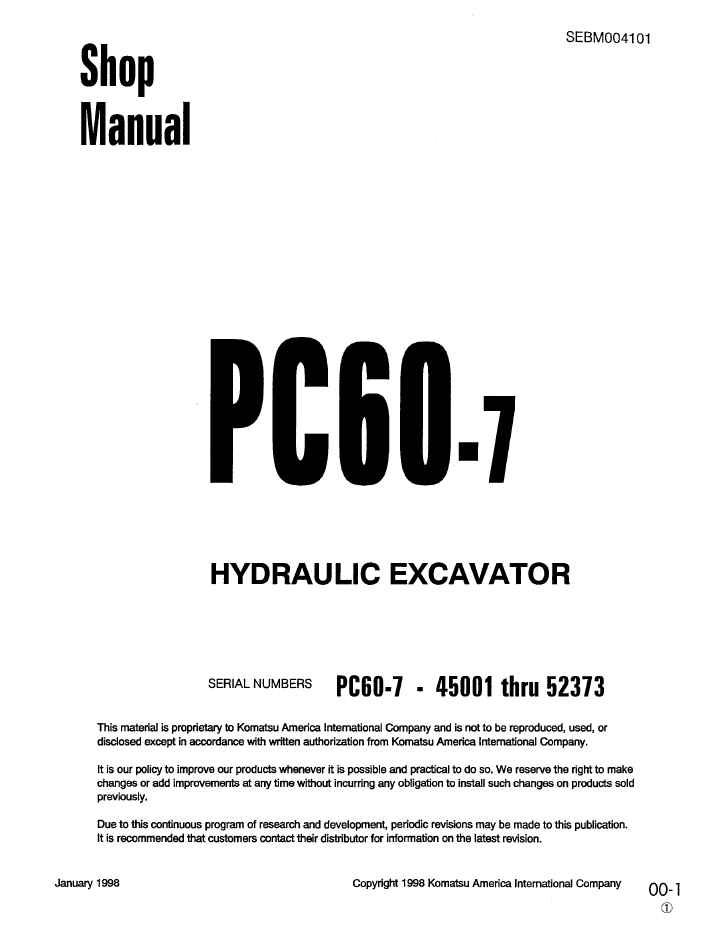 Komatsu PC60-7 Hydraulic Excavator Shop Manual (SEBD004101) - PDF Download