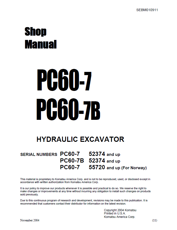 Komatsu PC60-7, PC60-7B Hydraulic Excavator Shop Manual (SEBD010911) - PDF Download