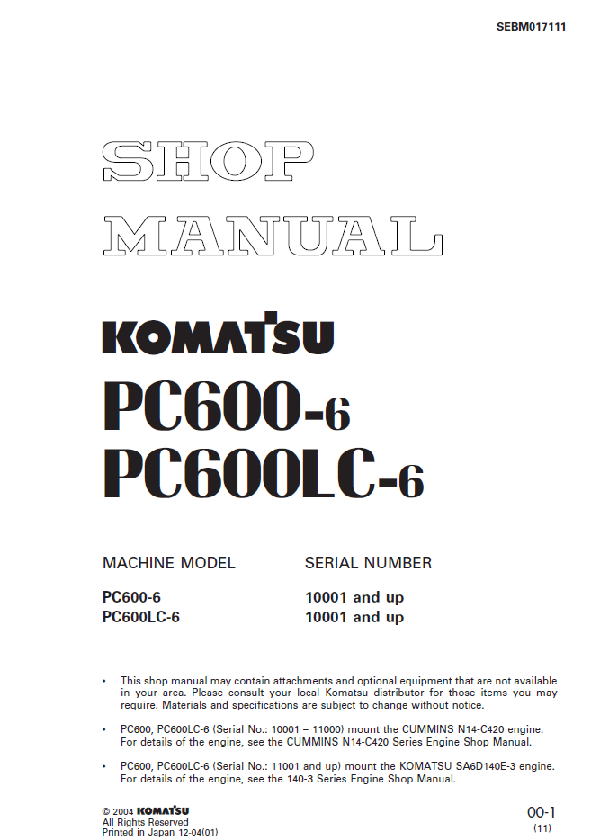 Komatsu PC600-6 PC600LC-6 Engine Shop Manual SEBM017111 PDF