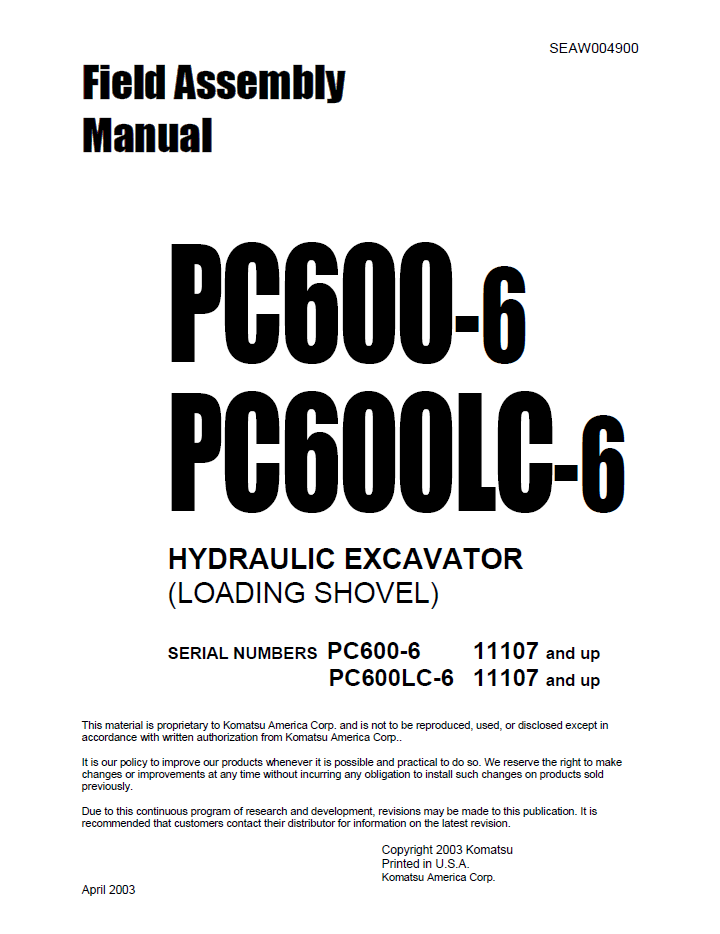 Komatsu PC600-6, PC600LC-6 Excavator Field Assembly Manual (SEAWD04900) - PDF