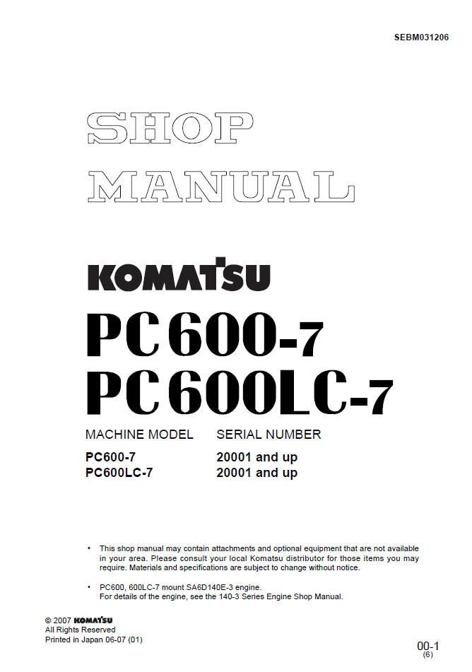 Komatsu PC600-7 PC600LC-7 Engine Manual SEBM031206 PDF