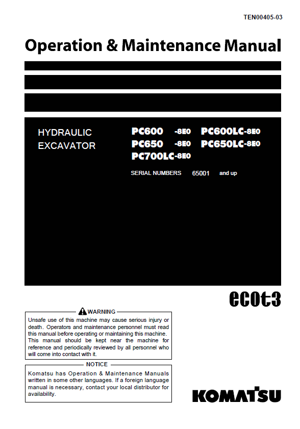 Komatsu PC600-8E0, PC650-8E0 & PC700LC-8E0 Excavator Operation & Maintenance Manual PDF