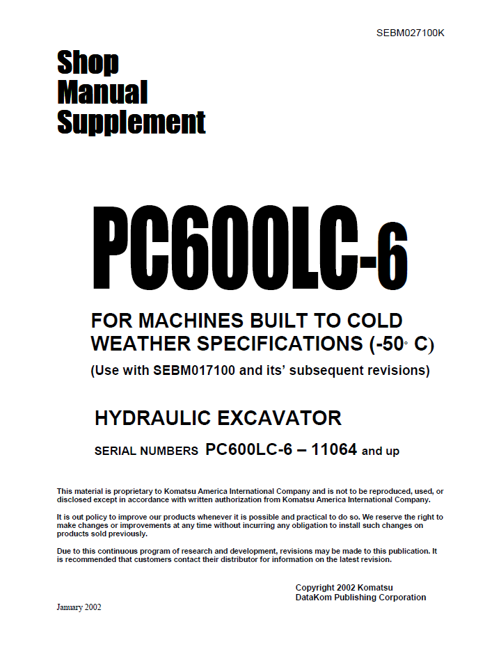 Komatsu PC600LC-6 Hydraulic Excavator Shop Manual Supplement (SEBD027100K) - PDF