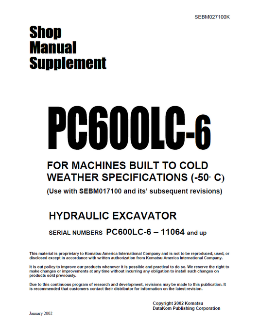 Komatsu PC600LC-6 Hydraulic Excavator Shop Manual Supplement (SEBD027100K) - PDF