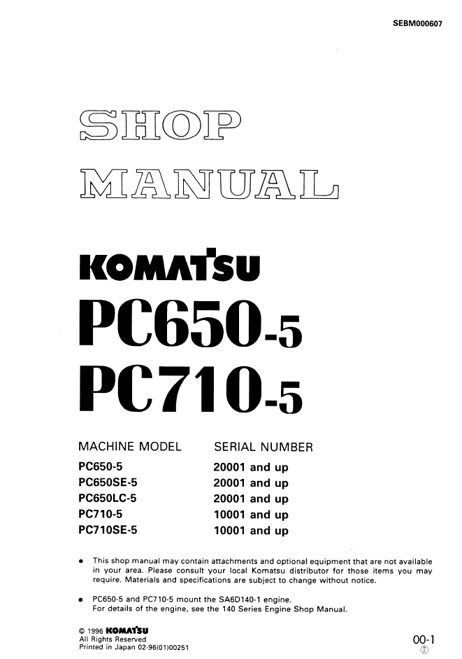 Komatsu PC650-5 PC710-5 Hydraulic Excavator Shop Manual SEBM000607