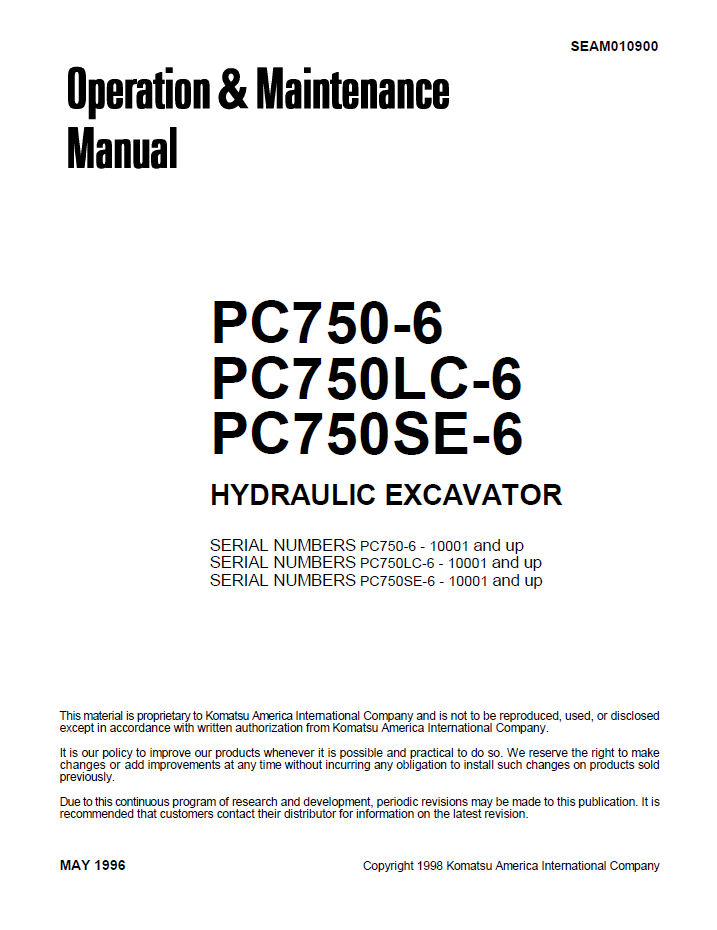 Komatsu PC750-6 PC750LC-6 PC750SE-6 Excavator Manual SEAD010900