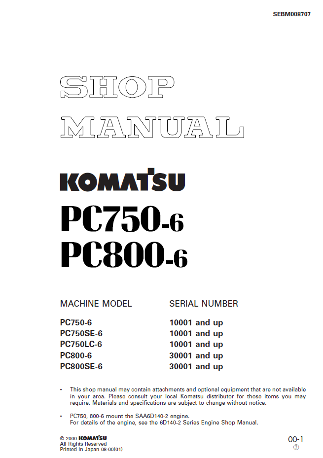 Komatsu PC750-6, PC800-6 Backhoe Excavator Shop Manual (SEBD008707) - PDF Download