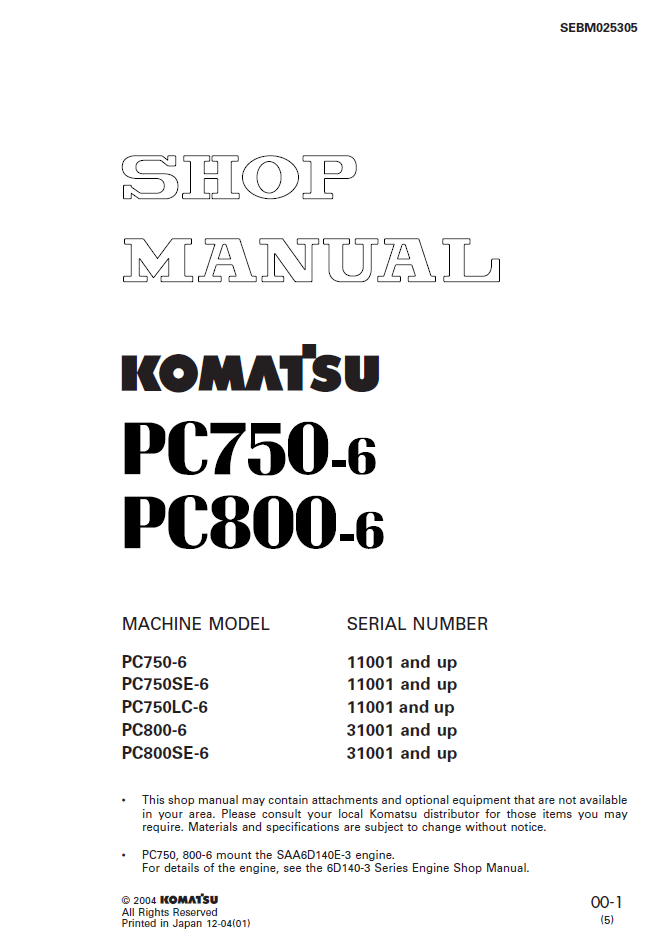 Komatsu PC750-6 PC800-6 Engine Shop Manual SEBM025305 PDF