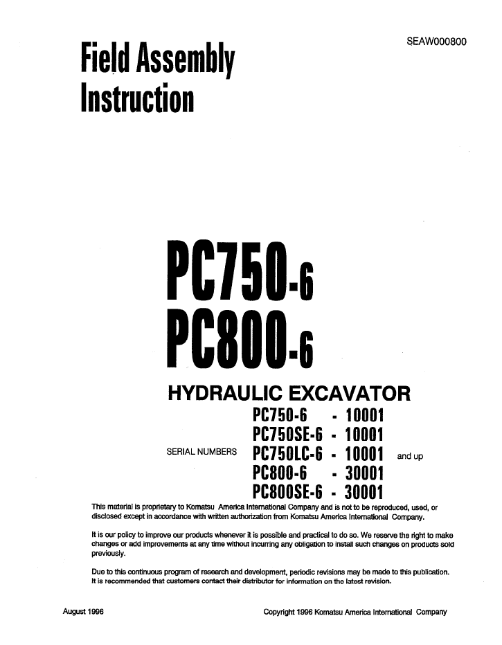 Komatsu PC750-6, PC800-6 Hydraulic Excavator Field Assembly Instruction Manual PDF | SEAWD00800