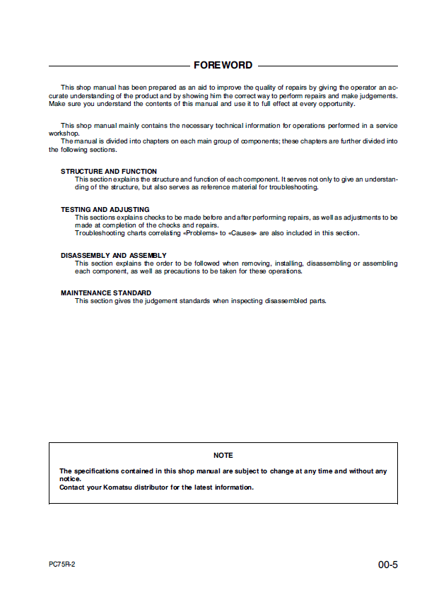 Komatsu PC75R-2 Hydraulic Excavator Maintenance & Service Manual PDF