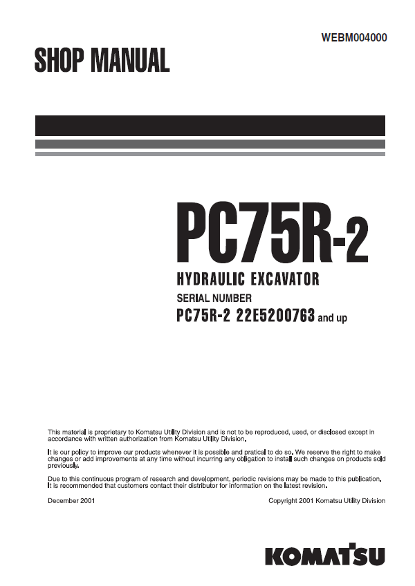 Komatsu PC75R-2 Hydraulic Excavator Official Shop & Service Manual (PDF)