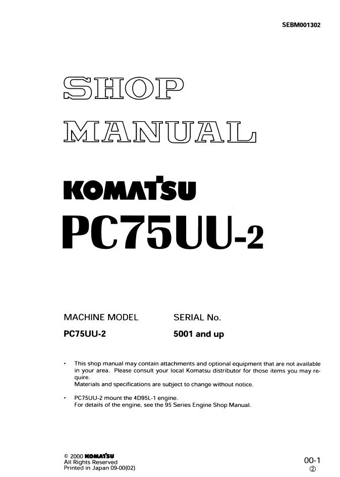 Komatsu PC75UU-2 Hydraulic Excavator Shop Manual SEBM001302