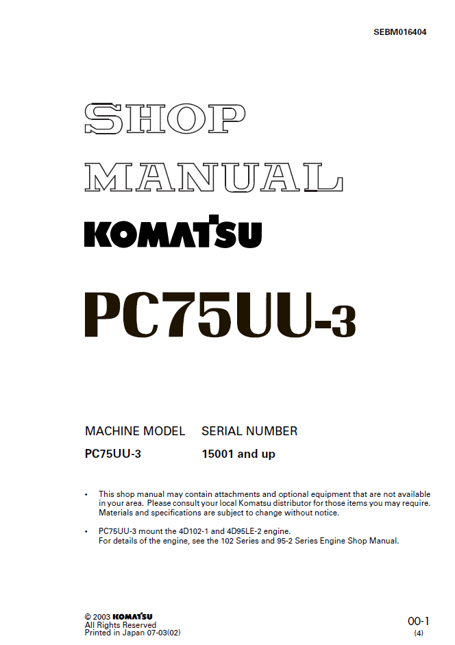 Komatsu PC75UU-3 Engine Shop Manual SEBM016404 PDF