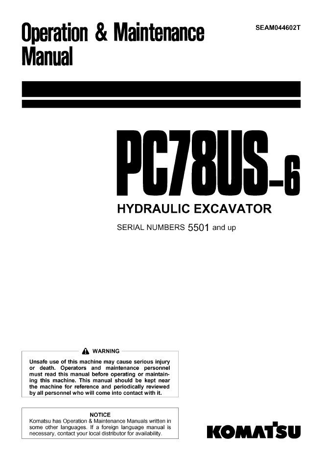 Komatsu PC78US-6 Hydraulic Excavator Operation & Maintenance Manual (SEAM044602T)