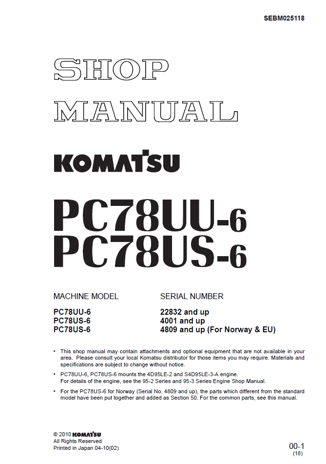 Komatsu PC78UU-6 PC78US-6 Engine Shop Manual SEBM025118 PDF