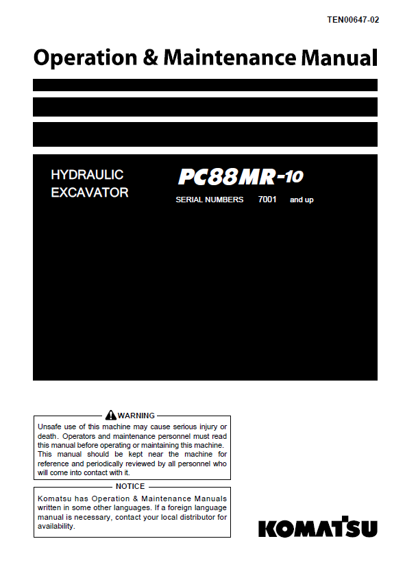 Komatsu PC88MR-10 Hydraulic Excavator Operation & Maintenance Manual PDF