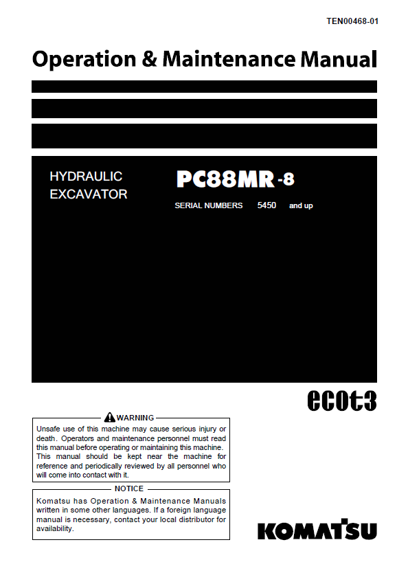 Komatsu PC88MR-8 Excavator Operation & Maintenance Manual PDF (TEN00468-01)